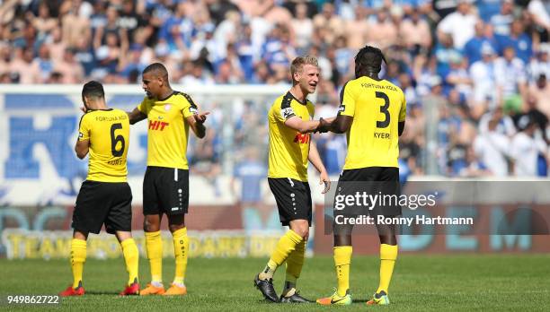 Okan Kurt, Daniel Keita-Ruel, Dominik Ernst and Bernard Kyere Mensah of Fortuna Koeln look dejected during the 3. Liga match between 1. FC Magdeburg...