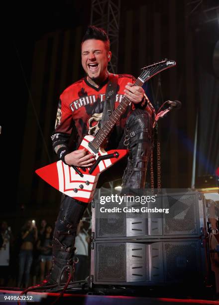 Guitarist Jason Hook of Five Finger Death Punch performs during the Las Rageous music festival at the Downtown Las Vegas Events Center on April 21,...