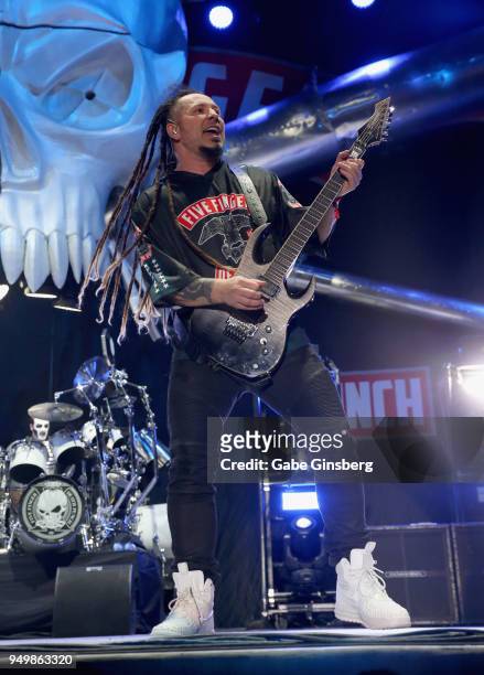 Guitarist Zoltan Bathory of Five Finger Death Punch performs during the Las Rageous music festival at the Downtown Las Vegas Events Center on April...
