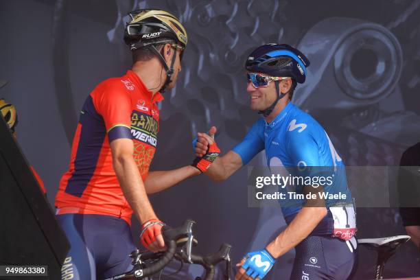 Start / Podium / Alejandro Valverde of Spain and Movistar Team / Vincenzo Nibali of Italy and Bahrain Merida Pro Team / during the104th...