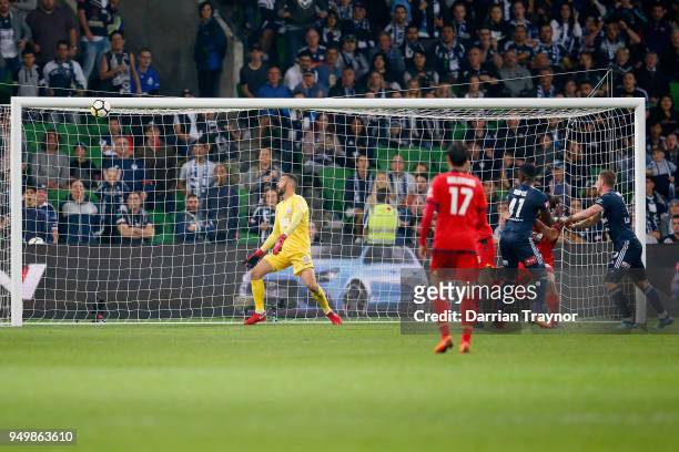 Paul Izzo of Adelaide United watches a ball from Leroy George of the Victory fly into the net for a goal during the A-League Elimination Final match...