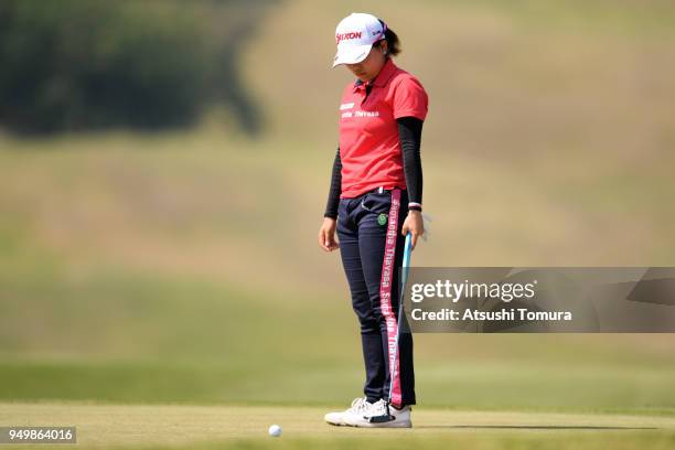 Minami Katsu of Japan reacts on the 16th green during the final round of the Fuji Sankei Ladies Classic at Kawana Hotel Golf Course Fuji Course on...