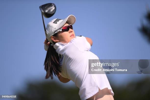 Rie Tsuji of Japan hits her tee shot on the 2nd hole during the final round of the Fuji Sankei Ladies Classic at Kawana Hotel Golf Course Fuji Course...