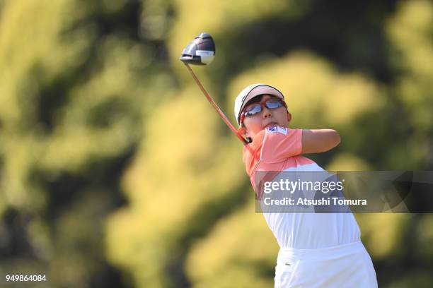 Karen Gondo of Japan hits her tee shot on the 3rd hole during the final round of the Fuji Sankei Ladies Classic at Kawana Hotel Golf Course Fuji...