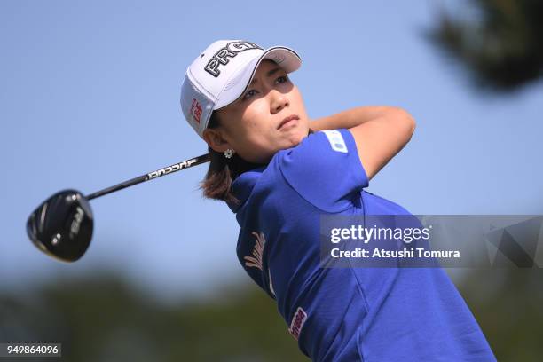 Erina Hara of Japan hits her tee shot on the 2nd hole during the final round of the Fuji Sankei Ladies Classic at Kawana Hotel Golf Course Fuji...