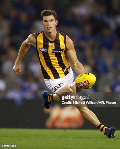 Jaeger O'Meara of the Hawks in action during the 2018 AFL round five match between the North Melbourne Kangaroos and the Hawthorn Hawks at Etihad...