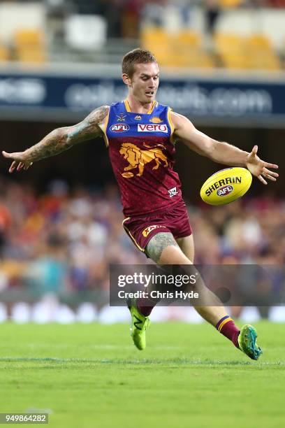 Dayne Beams of Lions kicks during the round five AFL match between the Brisbane Lions and the Gold Coast Suns at The Gabba on April 22, 2018 in...