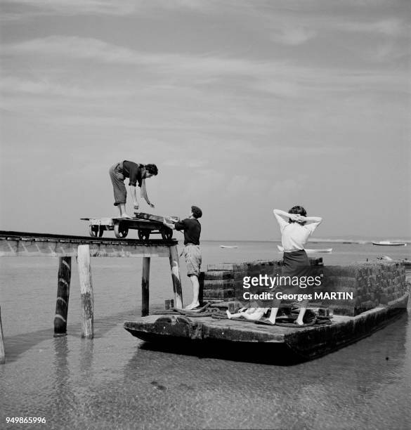 Homme chargeant un bateau sur la mer, circa 1960 a Cap Ferret, France.