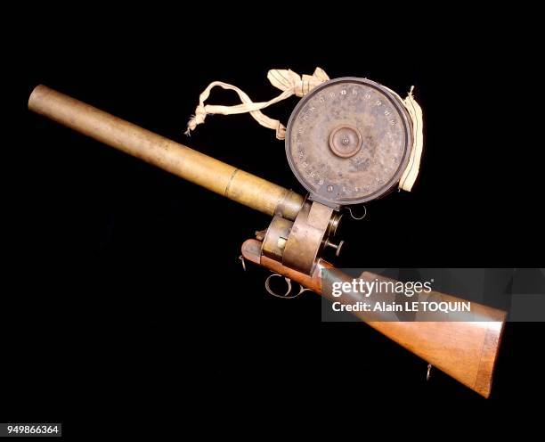 The French biologist Jules Etienne MAREY's photographic rifle, created in 1882. It is today on display at the Marey Museum in Baune. Picture taken in...