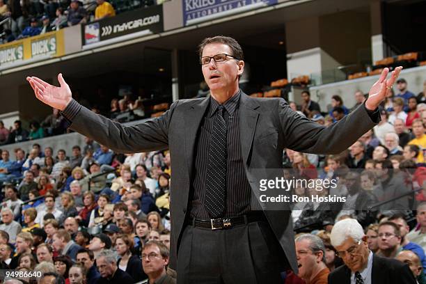 Head coach Kiki Vandeweghe of the New Jersey Nets reacts during the game against the Indiana Pacers on December 11, 2009 at Conseco Fieldhouse in...