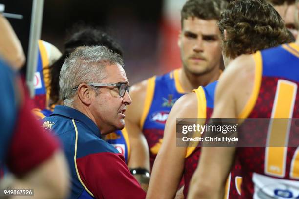 Lions coach Chris Fagan talks to players during the round five AFL match between the Brisbane Lions and the Gold Coast Suns at The Gabba on April 22,...