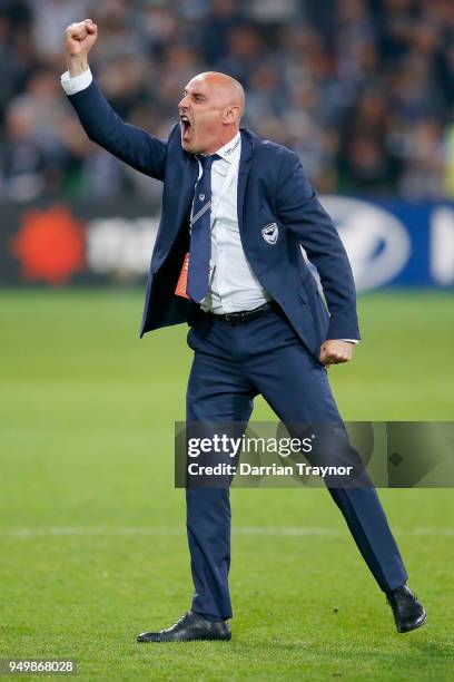 Coach of the Melbourne Victory Kevin Muscat celebrates a Besart Berisha goal that give his team a 2-1 lead during the A-League Elimination Final...