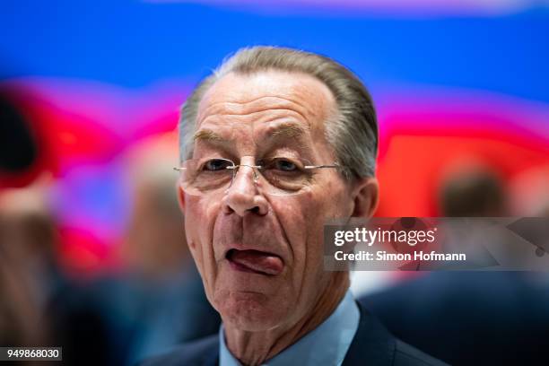 Franz Muentefering reacts during the SPD federal party congress on April 22, 2018 in Wiesbaden, Germany. Delegates will vote on a new party leader to...