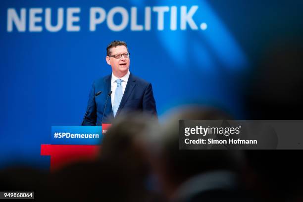 Thorsten Schaefer-Guembel holds a speech during the SPD federal party congress on April 22, 2018 in Wiesbaden, Germany. Delegates will vote on a new...