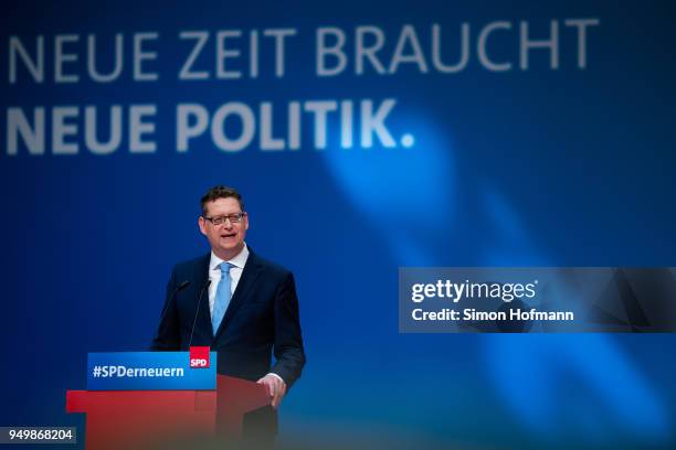 Thorsten Schaefer-Guembel holds a speech during the SPD federal party congress on April 22, 2018 in Wiesbaden, Germany. Delegates will vote on a new...