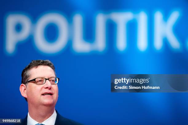 Thorsten Schaefer-Guembel holds a speech during the SPD federal party congress on April 22, 2018 in Wiesbaden, Germany. Delegates will vote on a new...