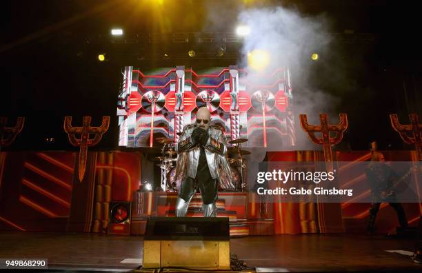 Singer Rob Halford and bassist Ian Hill of Judas Priest perform during the Las Rageous music festival at the Downtown Las Vegas Events Center on...