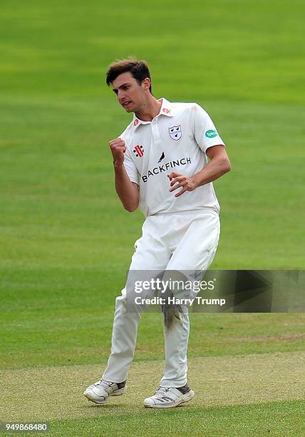Ed Barnard of Worcestershire celebrates the wicket of Tim Groenewald of Somerset during Day Three of the Specsavers County Championship Division One...