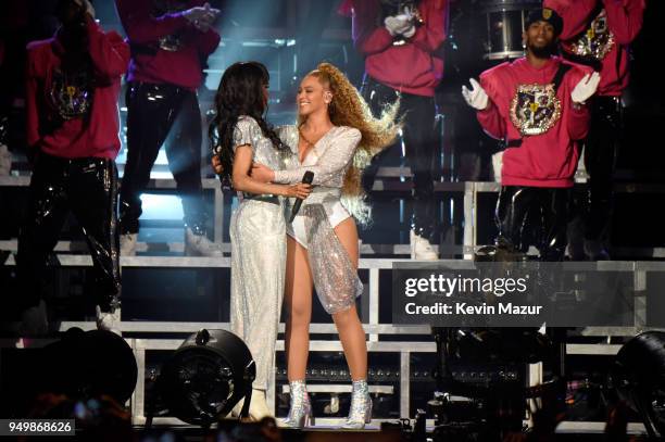 Michelle Williams and Beyonce Knowles of Destiny's Child perform onstage during the 2018 Coachella Valley Music And Arts Festival at the Empire Polo...