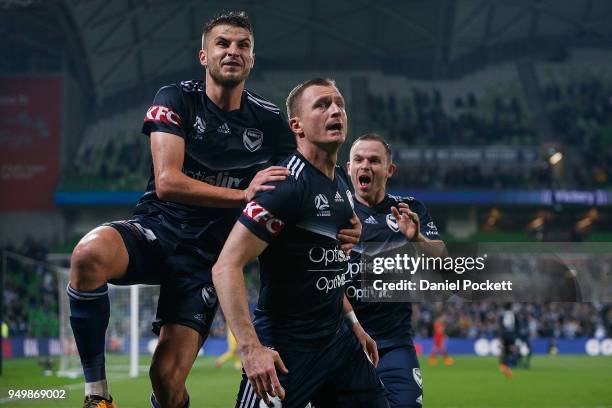 Besart Berisha of the Victory celebrates a goal during the A-League Elimination Final match between Melbourne Victory and Adelaide United at AAMI...