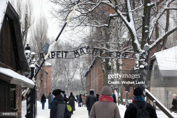 The entrance to Auschwitz I concentration camp on December 17, 2009 in Oswiecim, Poland. The now notorious motto over the gate, "Arbeit macht frei",...