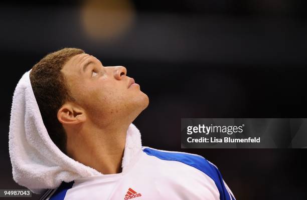Blake Griffin of the Los Angeles Clippers looks on during the game against the New Orleans Hornets during a preseason game at Staples Center on...
