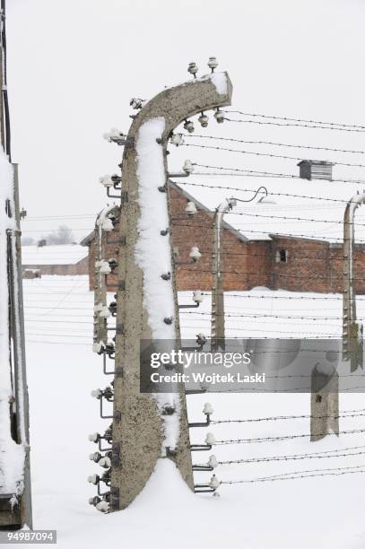 Life barbed wire encloses the Auschwitz II-Birkenau extermination camp on December 17, 2009 in Brzezinka, Poland. Auschwitz was a network of...