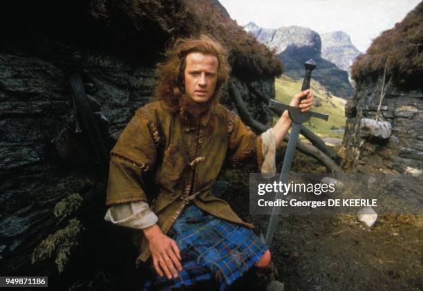 Christophe Lambert joue Robert Heart dans 'Highlander', en juin 1985, Royaume-Uni.