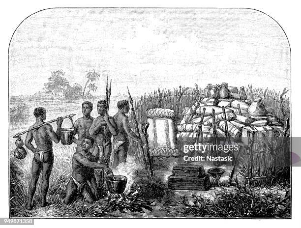 african tribe with stockpiled goods - south african tribal cultures stock illustrations