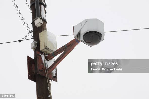 Modern camera of monitoring in Auschwitz II-Birkenau extermination camp on December 17, 2009. Auschwitz was a network of concentration camps built...