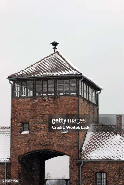 Guardhouse over the main entrance gate to Auschwitz II-Birkenau extermination camp on December 17, 2009 in Brzezinka, Poland. Auschwitz was a network...