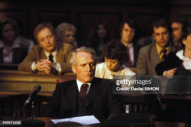 Acteur américain Paul Newman sur le tournage du film 'The verdict' de Sidney Lumet, en 1982 aux Etats-Unis.