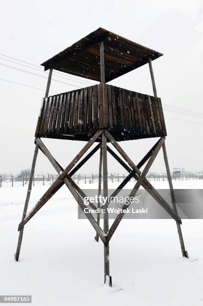 Guard tower at Auschwitz II-Birkenau extermination camp on December 17, 2009 in Brzezinka, Poland. Auschwitz was a network of concentration camps...