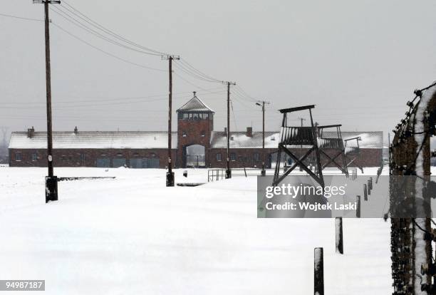 Guardhouse and main entrance gate to Auschwitz II-Birkenau extermination camp on December 17, 2009 in Brzezinka, Poland. Auschwitz was a network of...