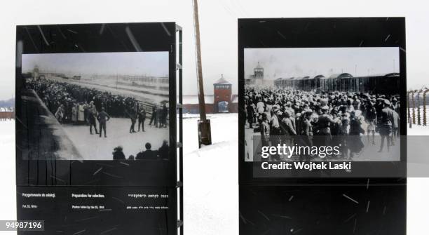 Two information boards near the entrance to Auschwitz II-Birkenau extermination camp on December 17, 2009 in Brzezinka, Poland. Auschwitz was a...