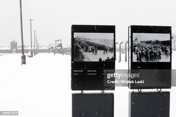 Two information boards near the entrance to Auschwitz II-Birkenau extermination camp on December 17, 2009 in Brzezinka, Poland. Auschwitz was a...