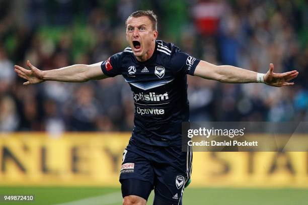 Besart Berisha of the Victory celebrates a goal during the A-League Elimination Final match between Melbourne Victory and Adelaide United at AAMI...