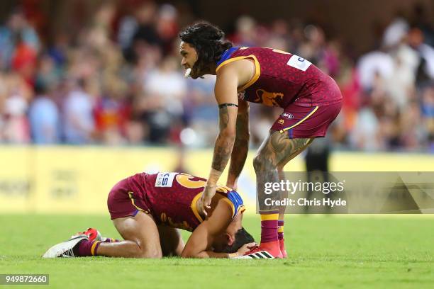Charlie Cameron and Allen Christensen of the Lions react after losing the round five AFL match between the Brisbane Lions and the Gold Coast Suns at...