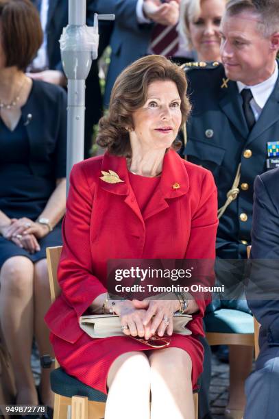 Queen Silvia of Sweden attends an event at the Embassy of Sweden on April 22, 2018 in Tokyo, Japan. King Carl Gustav and Queen Silvia of Sweden are...