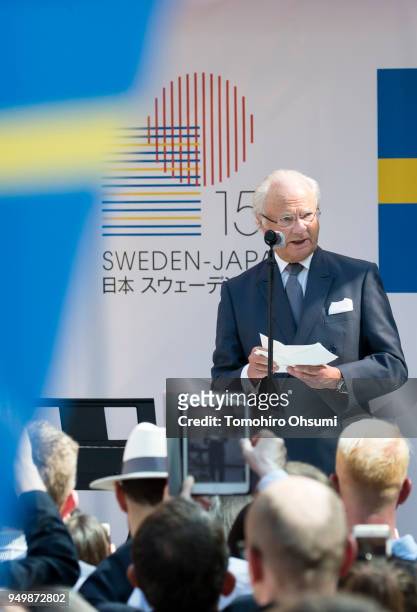 King Carl XVI Gustaf of Sweden makes a speech during an event at the Embassy of Sweden on April 22, 2018 in Tokyo, Japan. King Carl Gustav and Queen...