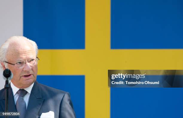 King Carl XVI Gustaf of Sweden makes a speech during an event at the Embassy of Sweden on April 22, 2018 in Tokyo, Japan. King Carl Gustav and Queen...