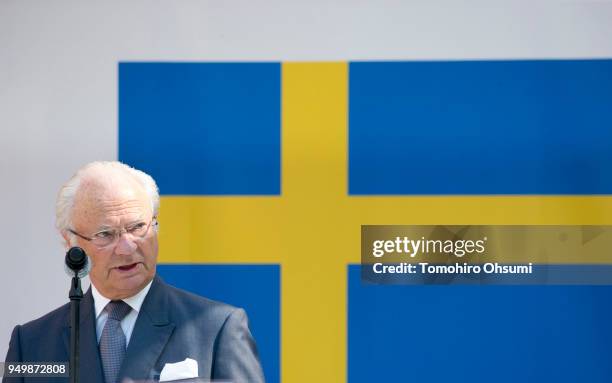 King Carl XVI Gustaf of Sweden makes a speech during an event at the Embassy of Sweden on April 22, 2018 in Tokyo, Japan. King Carl Gustav and Queen...