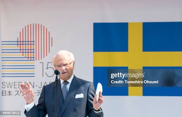 King Carl XVI Gustaf of Sweden makes a speech during an event at the Embassy of Sweden on April 22, 2018 in Tokyo, Japan. King Carl Gustav and Queen...