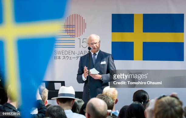 King Carl XVI Gustaf of Sweden makes a speech during an event at the Embassy of Sweden on April 22, 2018 in Tokyo, Japan. King Carl Gustav and Queen...