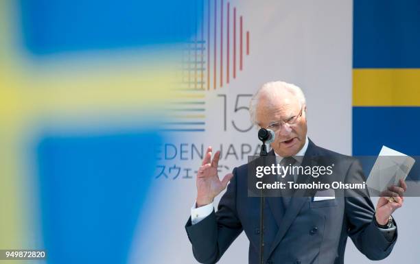 King Carl XVI Gustaf of Sweden makes a speech during an event at the Embassy of Sweden on April 22, 2018 in Tokyo, Japan. King Carl Gustav and Queen...