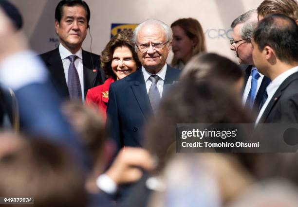 King Carl XVI Gustaf of Sweden, center right, and Queen Silvia of Sweden, center left, arrive for an event at the Embassy of Sweden on April 22, 2018...