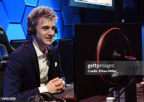 Twitch streamer and professional gamer Tyler "Ninja" Blevins streams during Ninja Vegas '18 at Esports Arena Las Vegas at Luxor Hotel and Casino on...