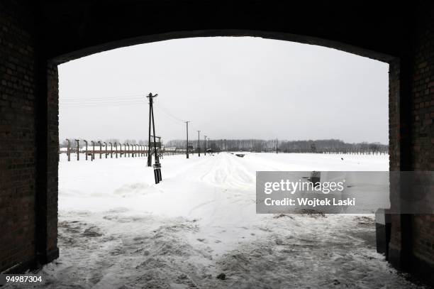 The main gate to Auschwitz II-Birkenau extermination camp on December 17, 2009 in Brzezinka, Poland. Auschwitz was a network of concentration camps...