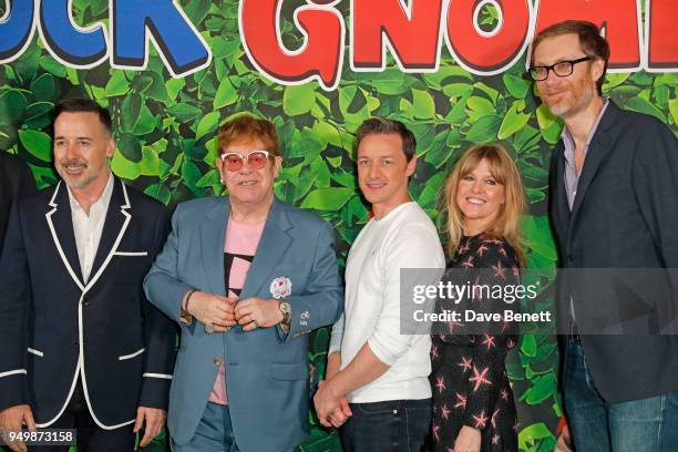 David Furnish, Sir Elton John, James McAvoy, Ashley Jensen and Stephen Merchant attend the Family Gala Screening of "Sherlock Gnomes" hosted by Sir...