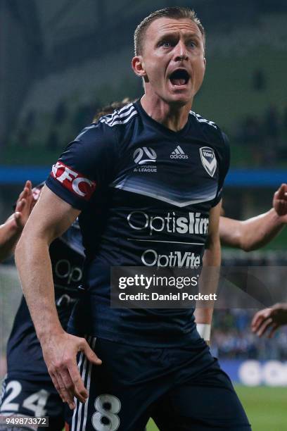 Besart Berisha of the Victory celebrates a goal during the A-League Elimination Final match between Melbourne Victory and Adelaide United at AAMI...